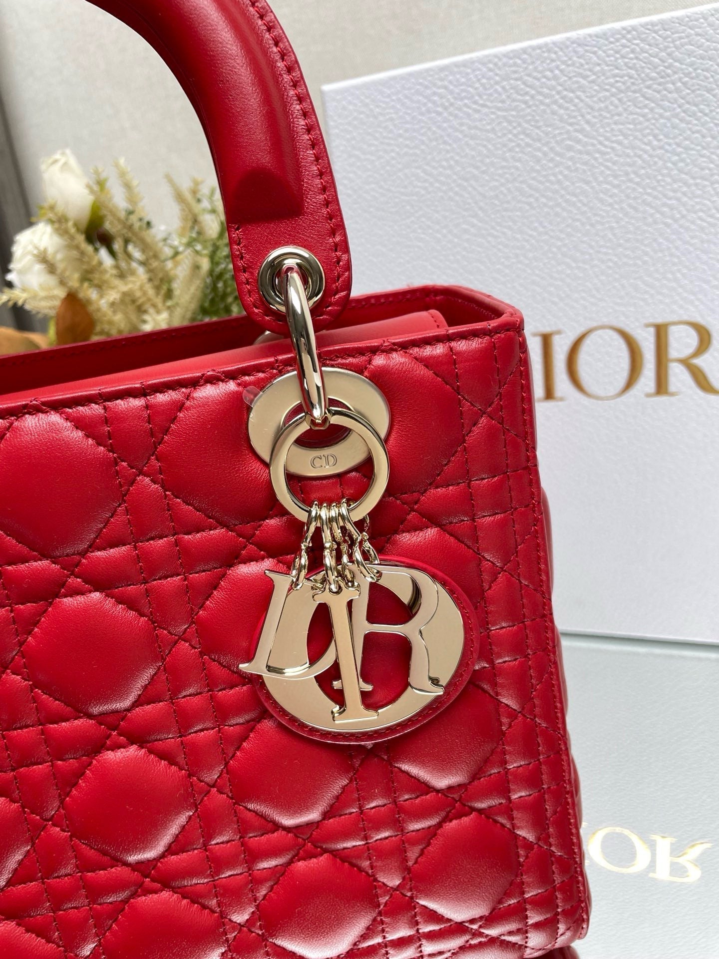 Luxury Diormedium lady 24 red calfskin gold hardware