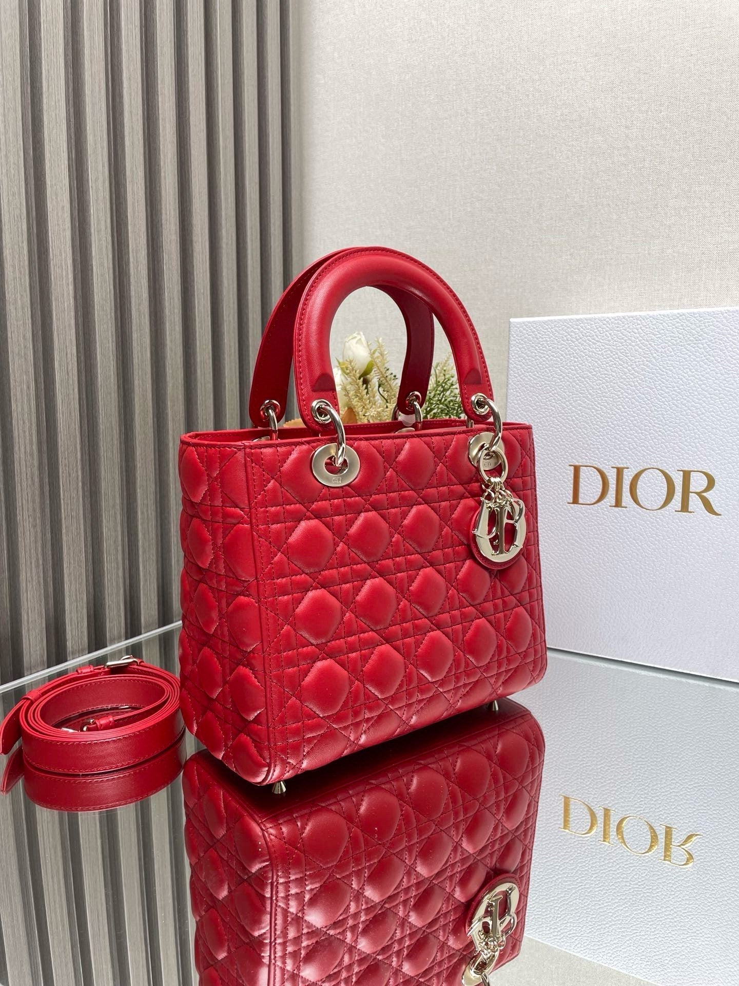 Luxury Diormedium lady 24 red calfskin gold hardware