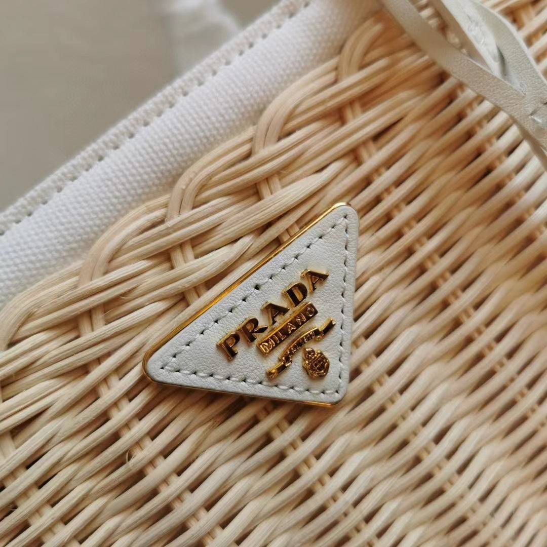 Luxury Pradamedium 26cm wicker and linen blend tote bag