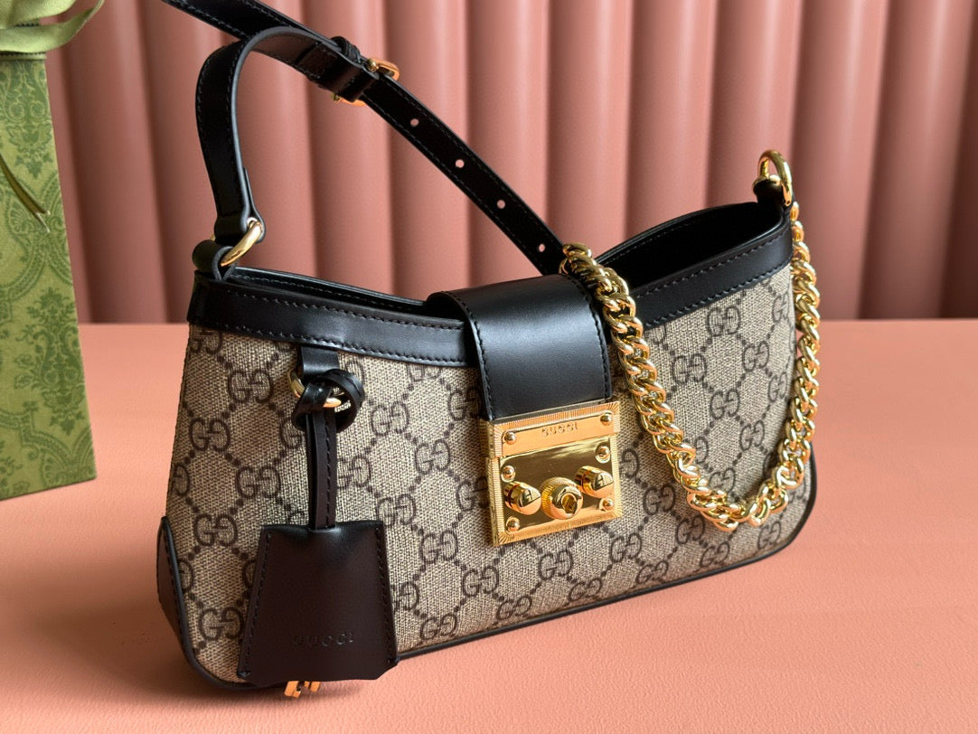 Luxury Gucci GG PADLOCK SMALL 24 BEIGE CANVAS BLACK CALFSKIN