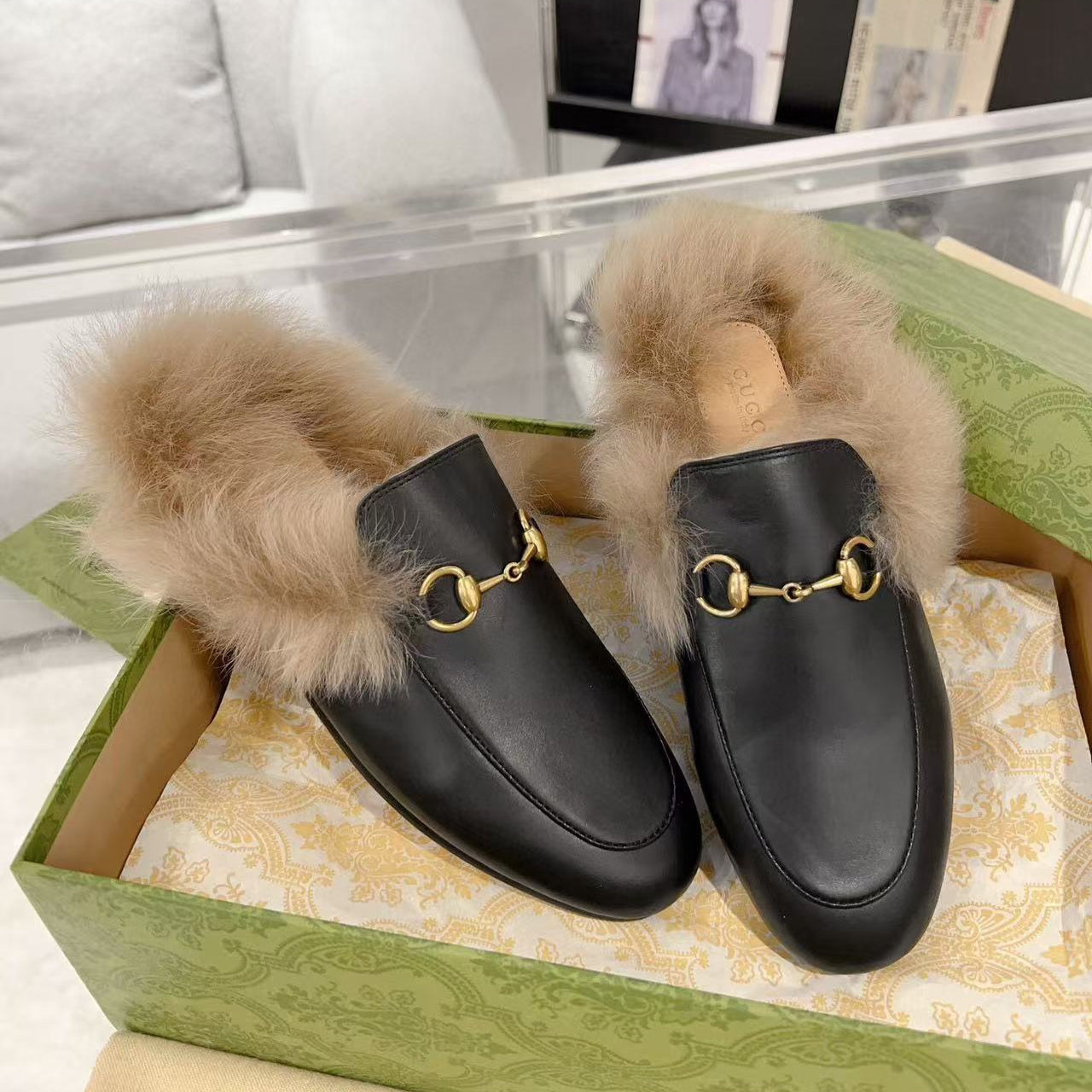 Luxury Gucci GG Princetown Slipper Black Calfskin Tuscan Wool