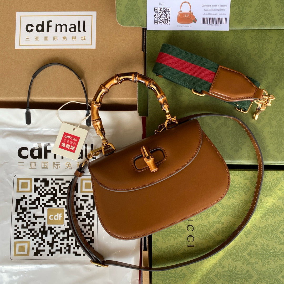 Luxury Gucci BAMBOO TOP HANDLE BAG 21 IN BROWN CALFSKIN