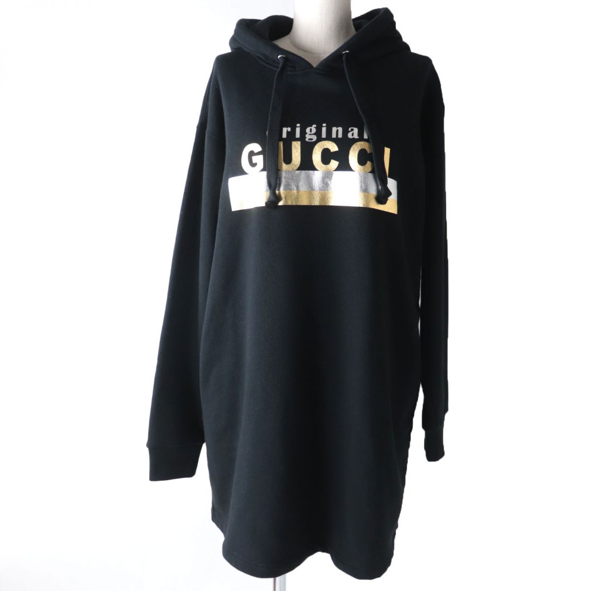 Luxury Gucci Trending 2025 Logo Print Cotton Hooded Dress Black S