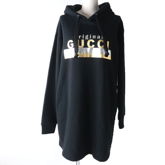 Luxury Gucci Trending 2025 Logo Print Cotton Hooded Dress Black S