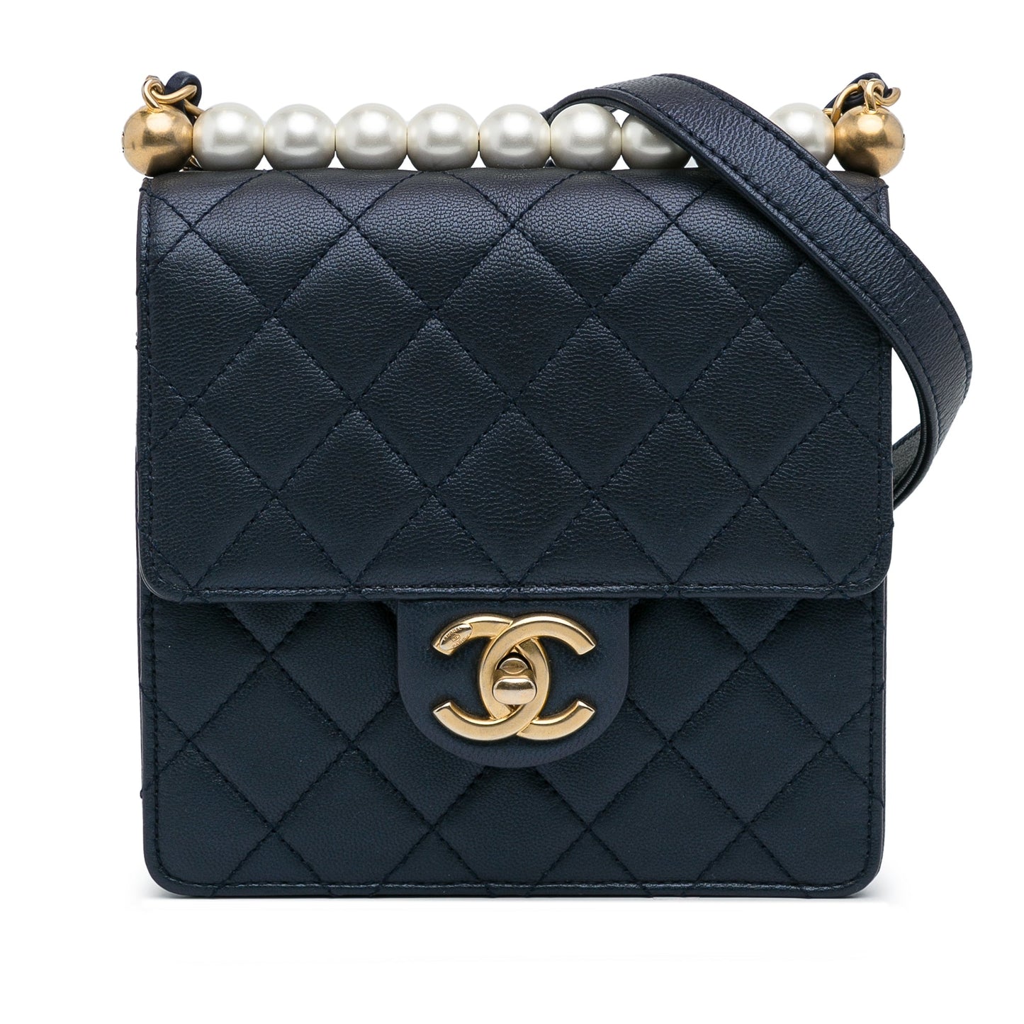 Luxury Chanel Flap Bag Chic Pearls Blue Lambskin Gold