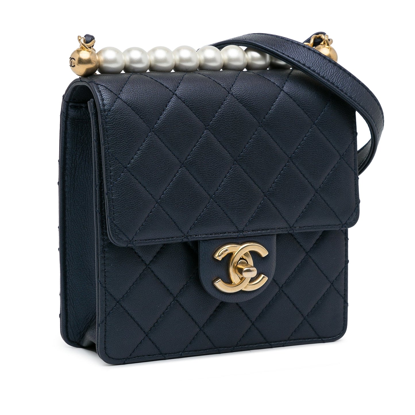 Luxury Chanel Flap Bag Chic Pearls Blue Lambskin Gold