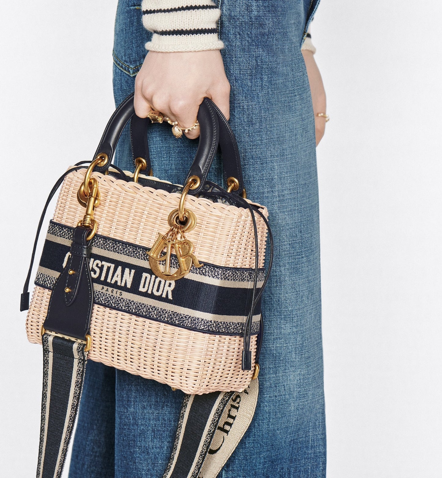 Medium Lady Luxury Dior Bag Natural Wicker And Blue Luxury Dior Oblique Jacquard