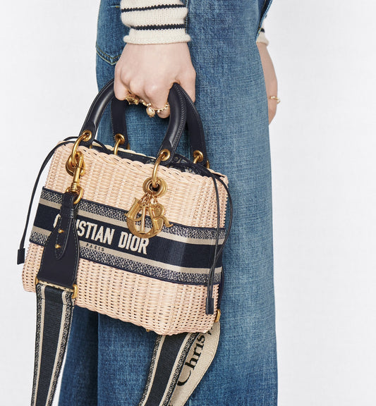 Medium Lady Luxury Dior Bag Natural Wicker And Blue Luxury Dior Oblique Jacquard
