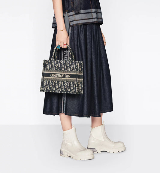 Small Luxury Dior Book Tote Ecru and Blue Luxury Dior Oblique Embroidery