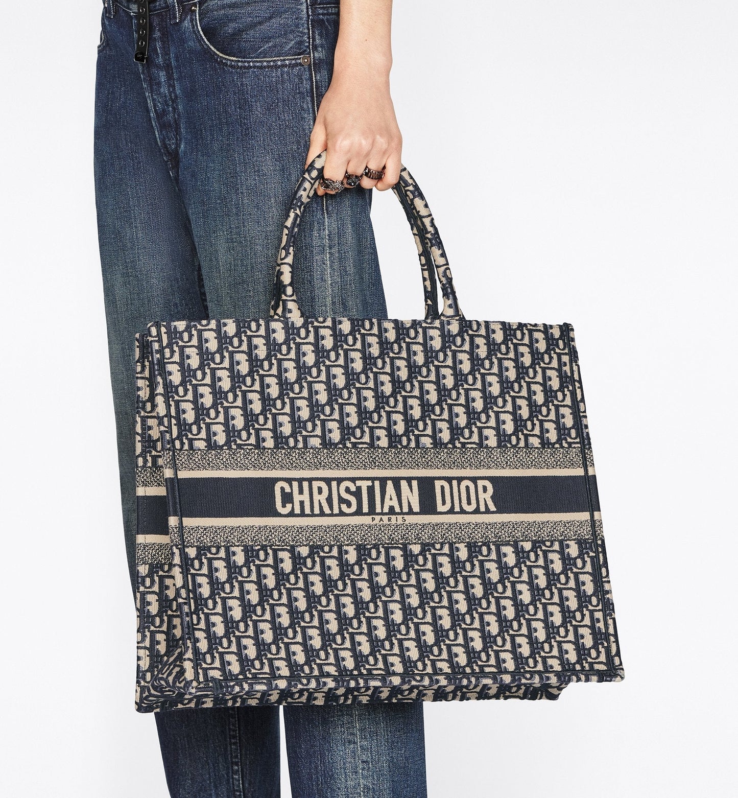 Large Luxury Dior Book Tote Ecru And Blue Luxury Dior Oblique Embroidery