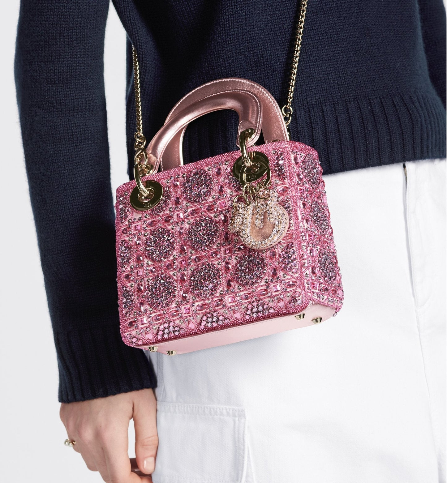 Mini Lady Luxury Dior Bag Metallic Calfskin And Satin With Rose Des Vents Resin Pearl Embroidery