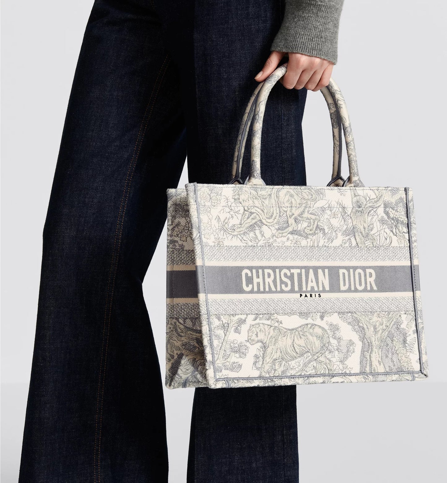 Medium Luxury Dior Book Tote Ecru and Gray Toile de Jouy Embroidery