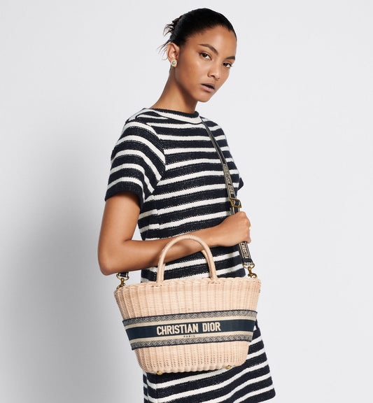Hat Basket Bag Natural Wicker And Blue Luxury Dior Oblique Jacquard