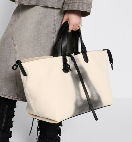 Large Luxury Dior Toujours Bag Latte And Black Canvas With Eiffel Tower Print