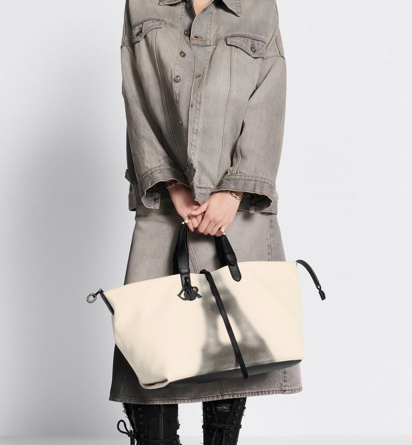 Large Luxury Dior Toujours Bag Latte And Black Canvas With Eiffel Tower Print