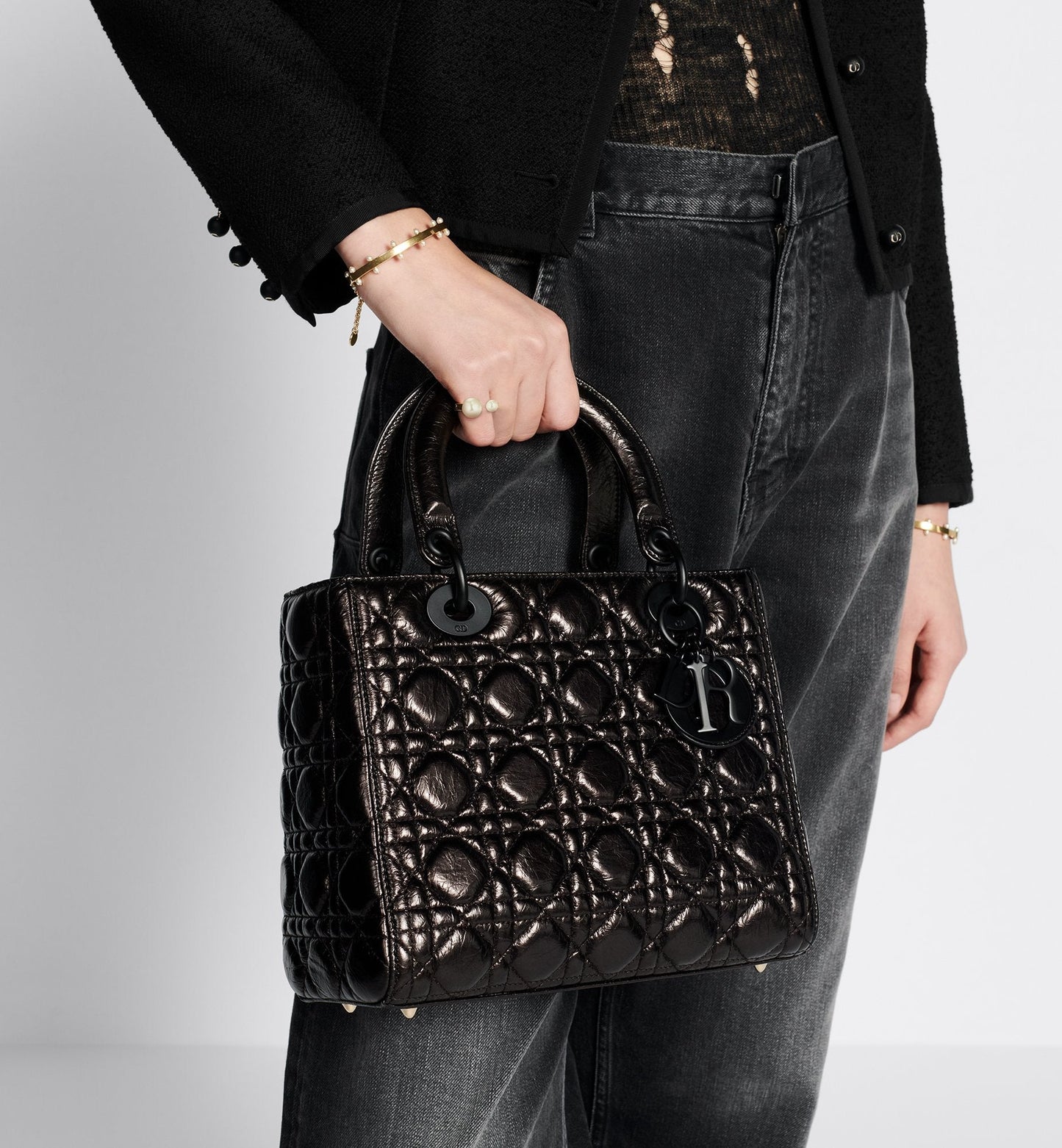 Medium Lady Luxury Dior Bag Black Crinkled Cannage Calfskin