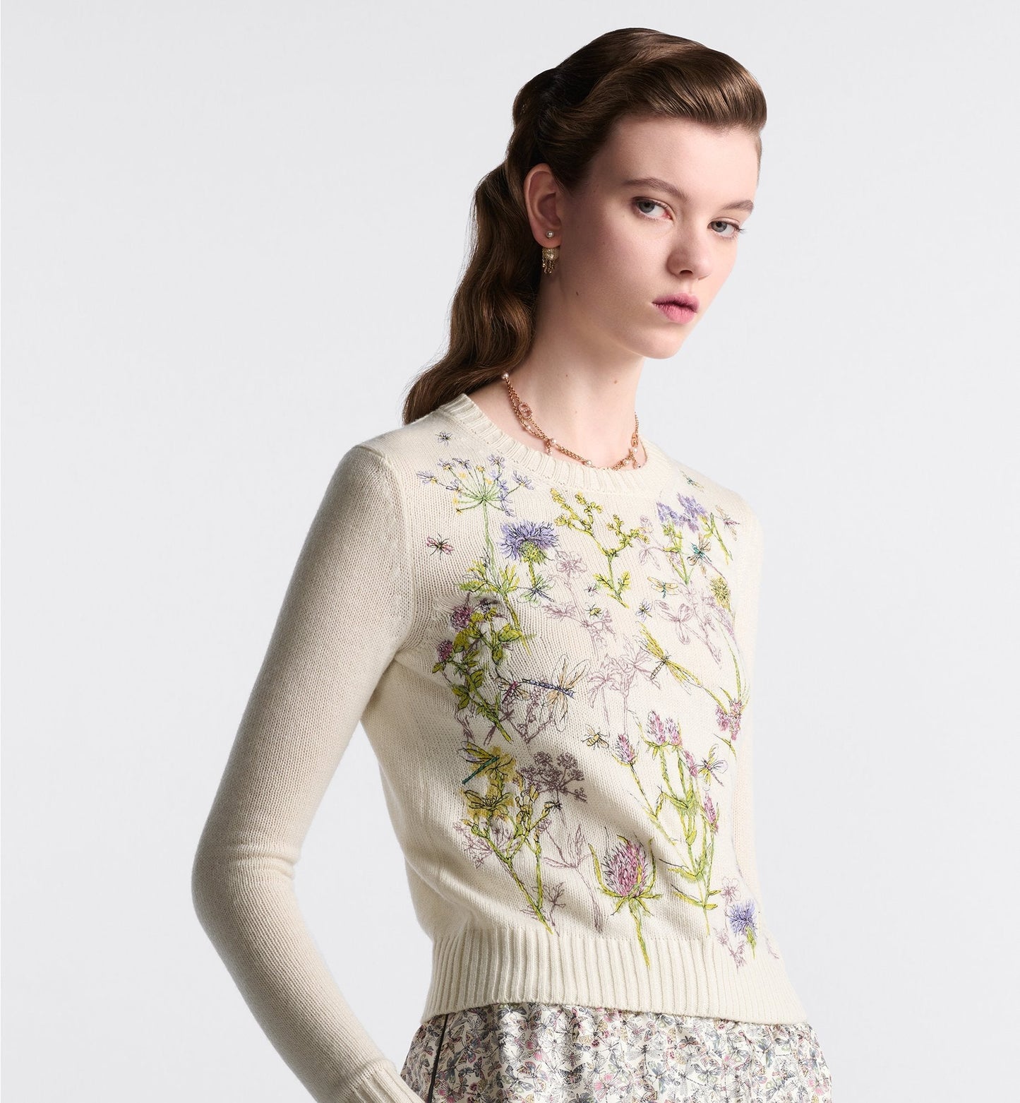 Embroidered Sweater White Cashmere Knit With Multicolor Luxury Dior Herbarium Motif