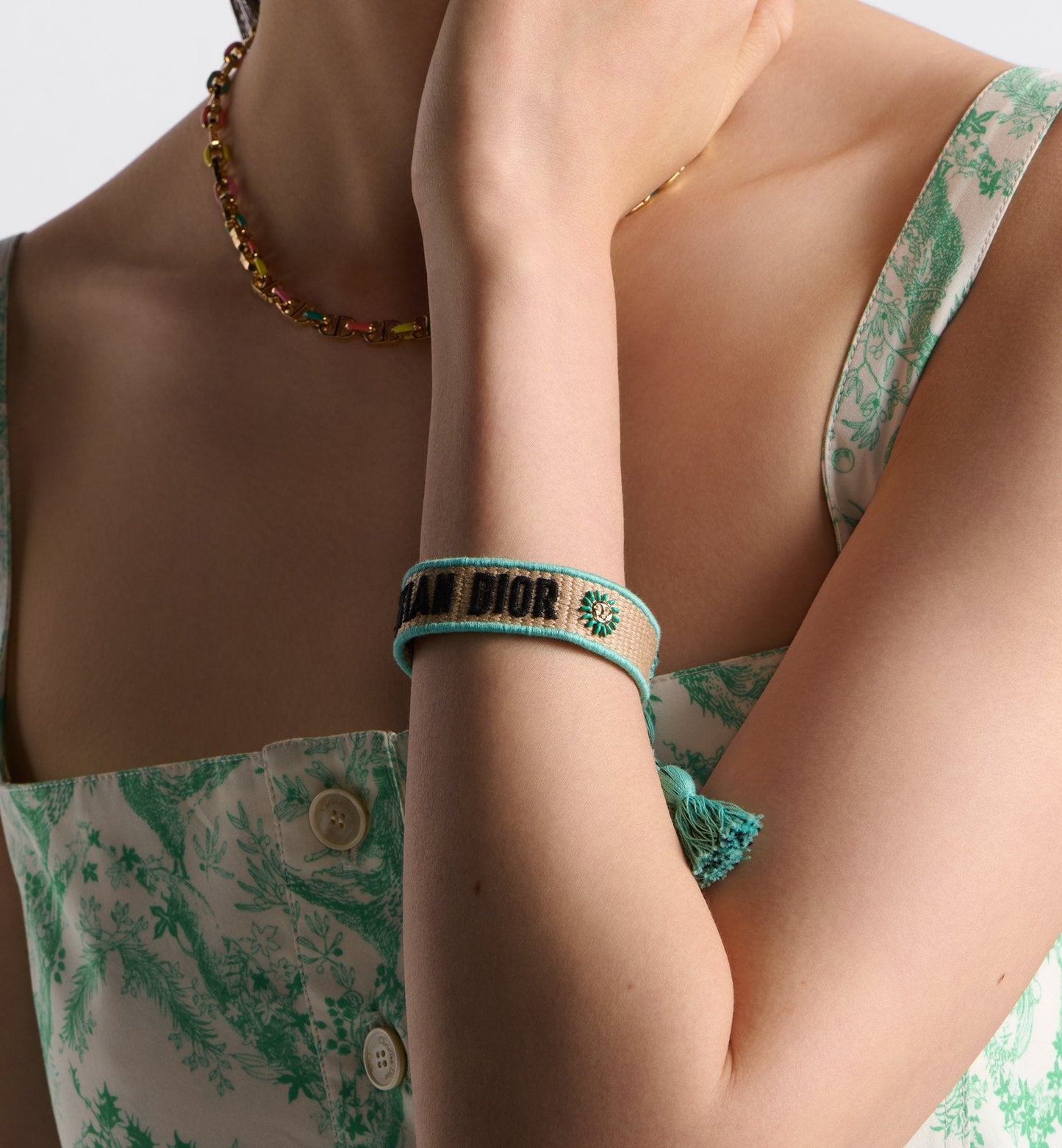 Luxury Dioriviera Christian Luxury Dior Bracelet Natural Raffia Effect Cotton, Gold-Finish Metal And Aquamarina Lacquer
