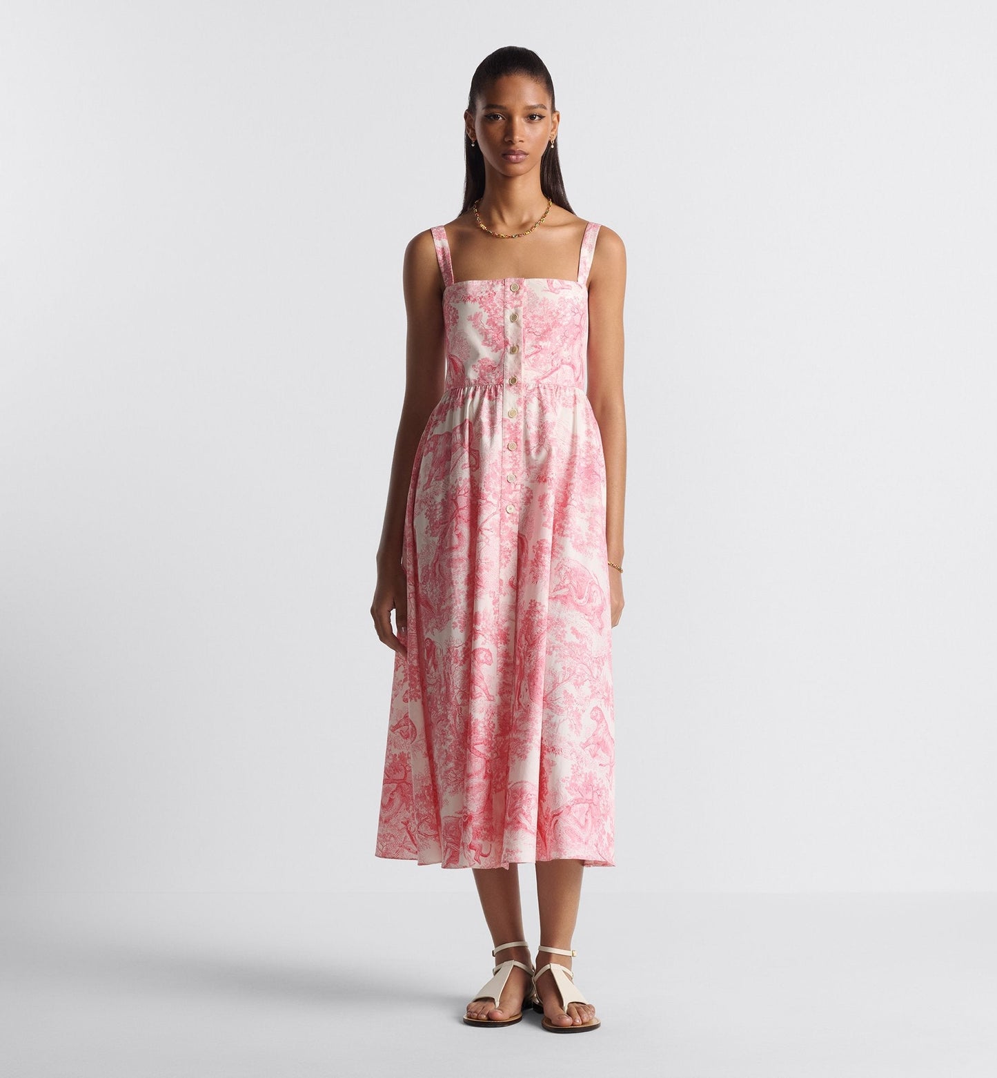 Luxury Dioriviera Flared Mid Length Dress White And Candy Pink Cotton And Silk Poplin With Toile De Jouy Sauvage Motif