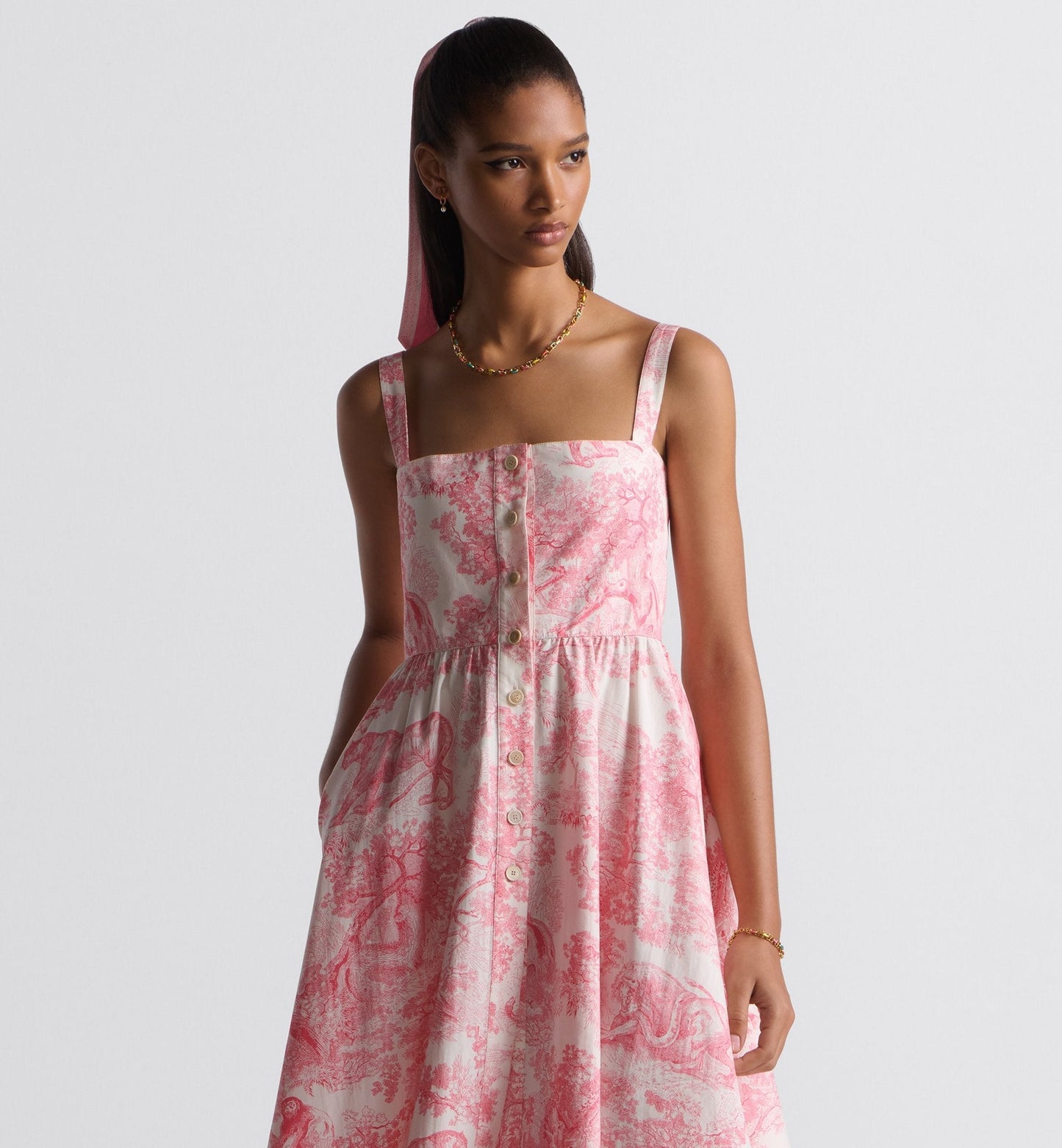 Luxury Dioriviera Flared Mid Length Dress White And Candy Pink Cotton And Silk Poplin With Toile De Jouy Sauvage Motif