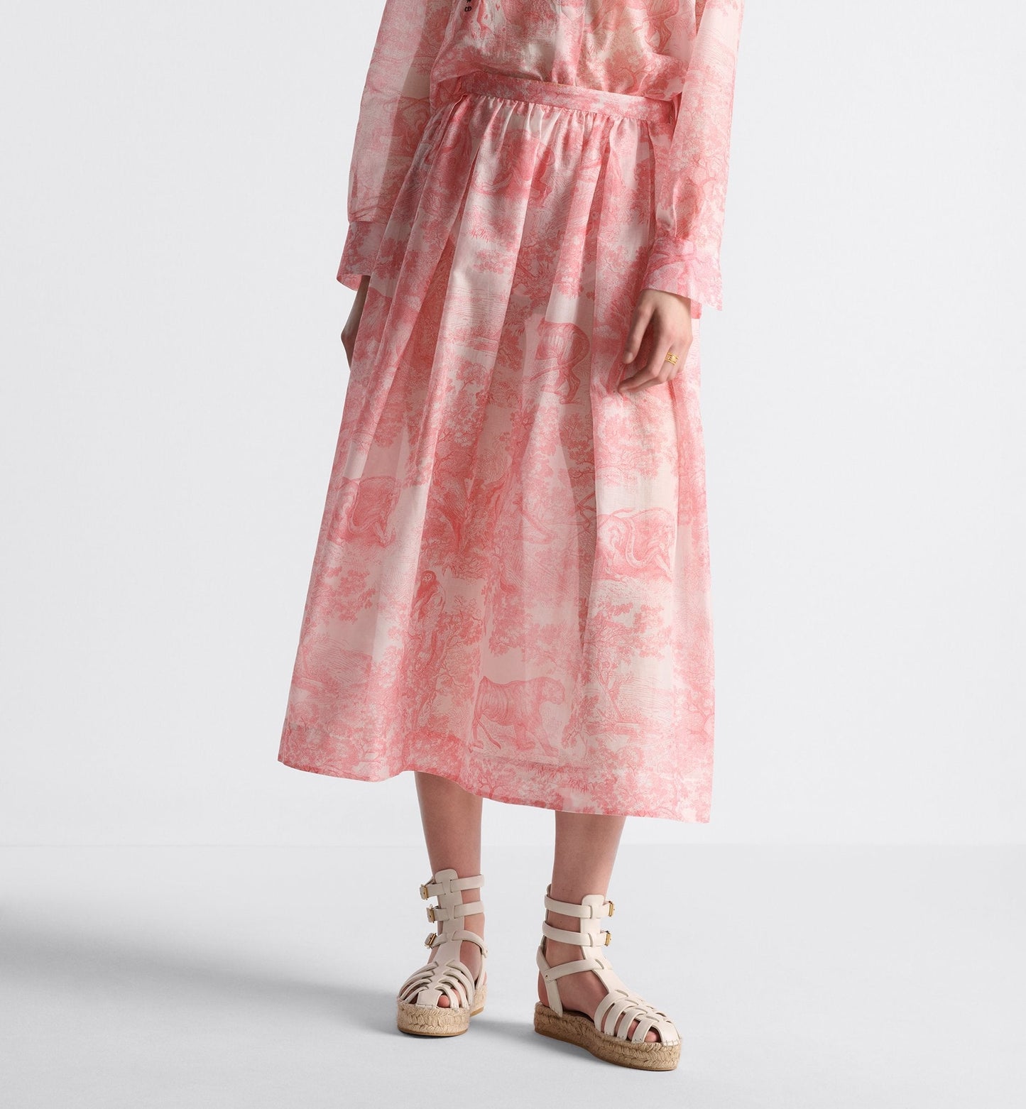 Luxury Dioriviera Flared Mid Length Skirt White And Candy Pink Cotton Muslin With Toile De Jouy Sauvage Motif
