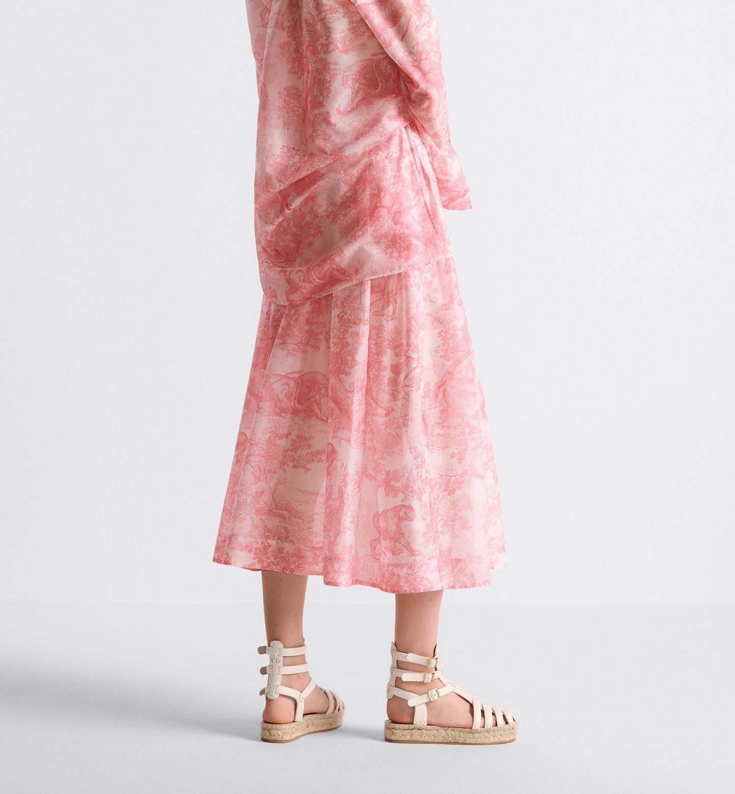 Luxury Dioriviera Flared Mid Length Skirt White And Candy Pink Cotton Muslin With Toile De Jouy Sauvage Motif