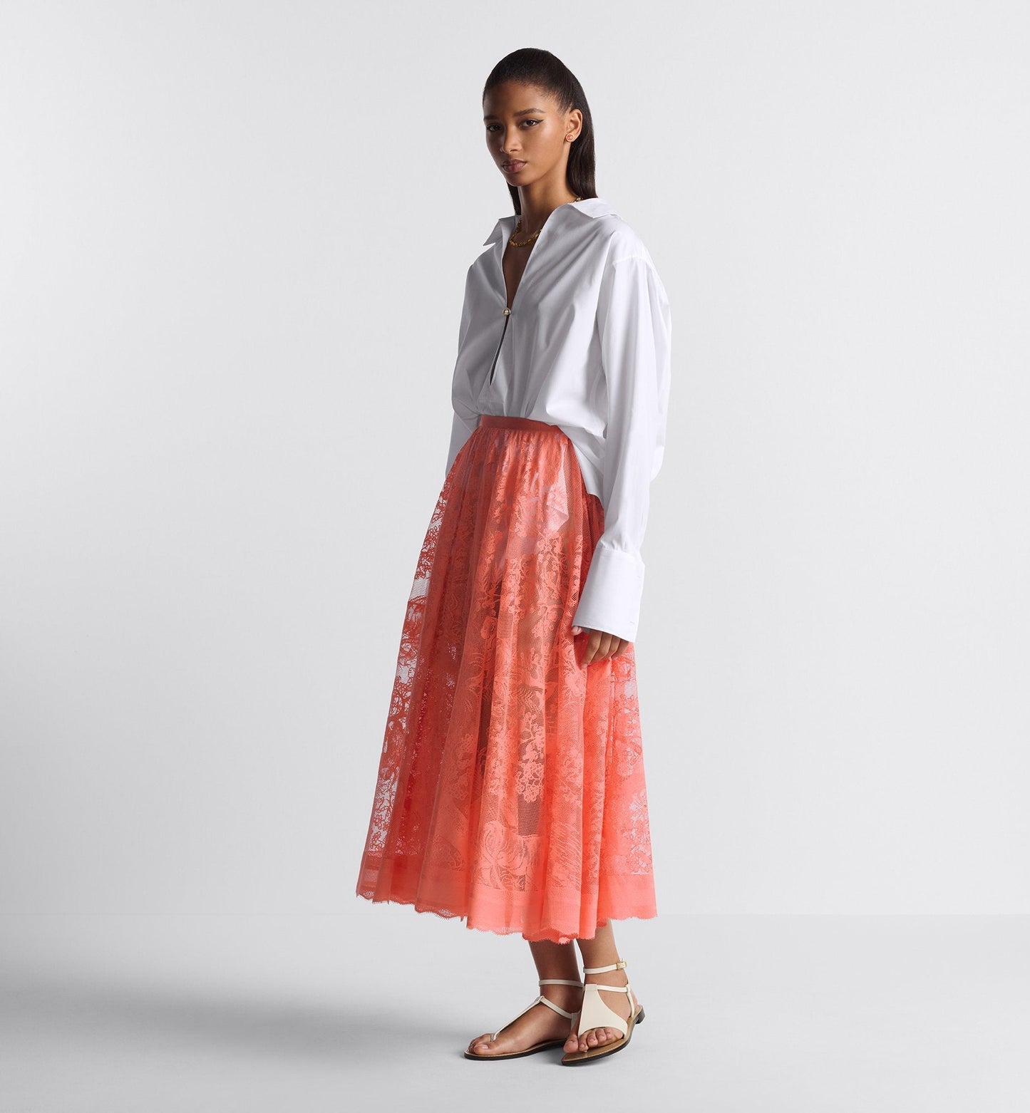 Luxury Dioriviera Flared Mid Length Skirt Coral Technical Cotton Lace