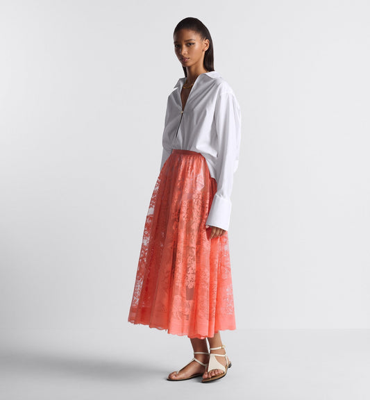 Luxury Dioriviera Flared Mid Length Skirt Coral Technical Cotton Lace