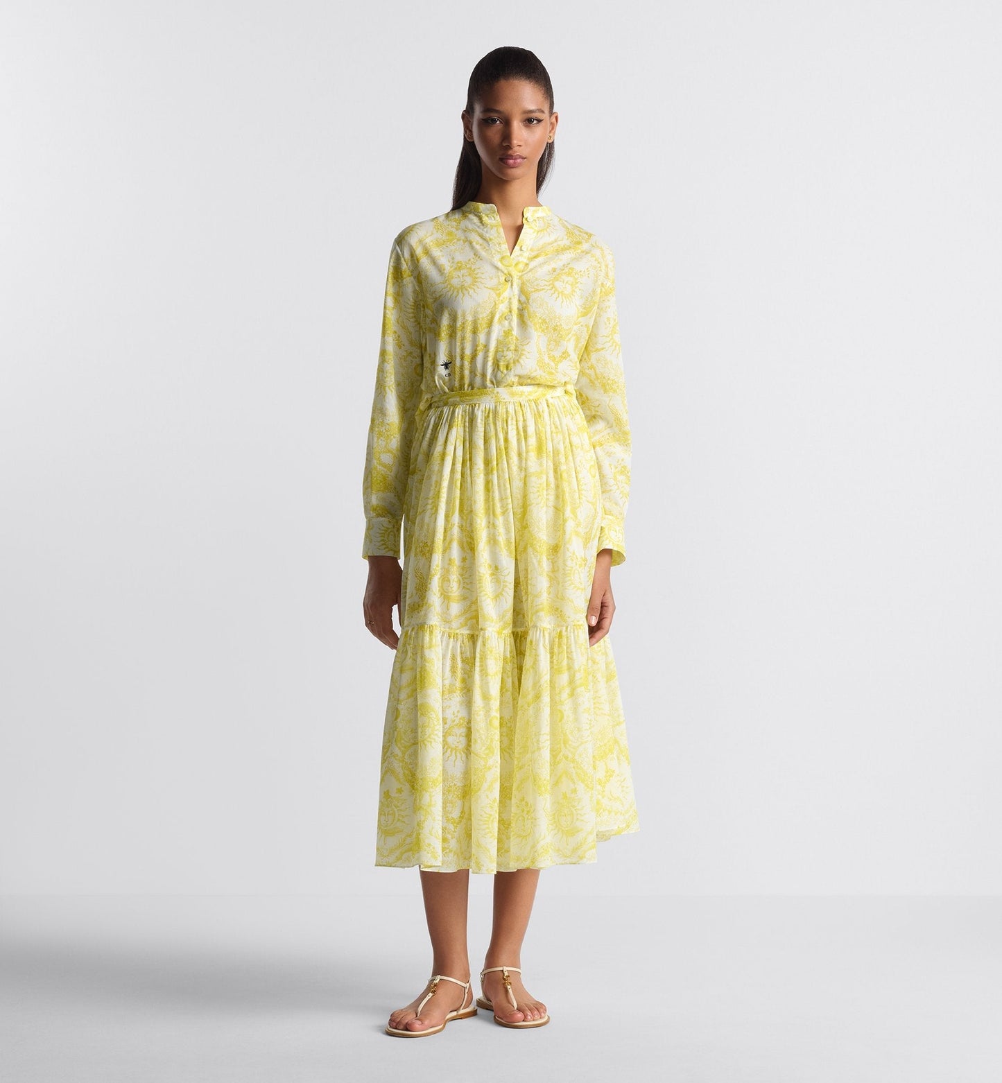 Luxury Dioriviera Mid Length Skirt White And Lemon Yellow Cotton Muslin With Toile De Jouy Soleil Motif