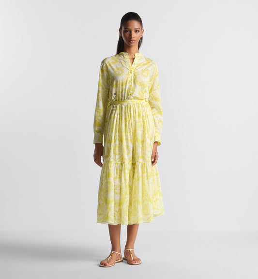 Luxury Dioriviera Mid Length Skirt White And Lemon Yellow Cotton Muslin With Toile De Jouy Soleil Motif
