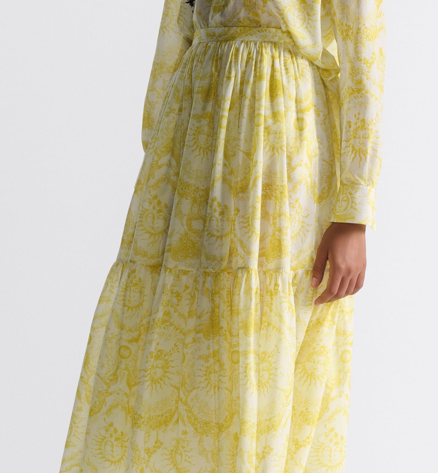 Luxury Dioriviera Mid Length Skirt White And Lemon Yellow Cotton Muslin With Toile De Jouy Soleil Motif