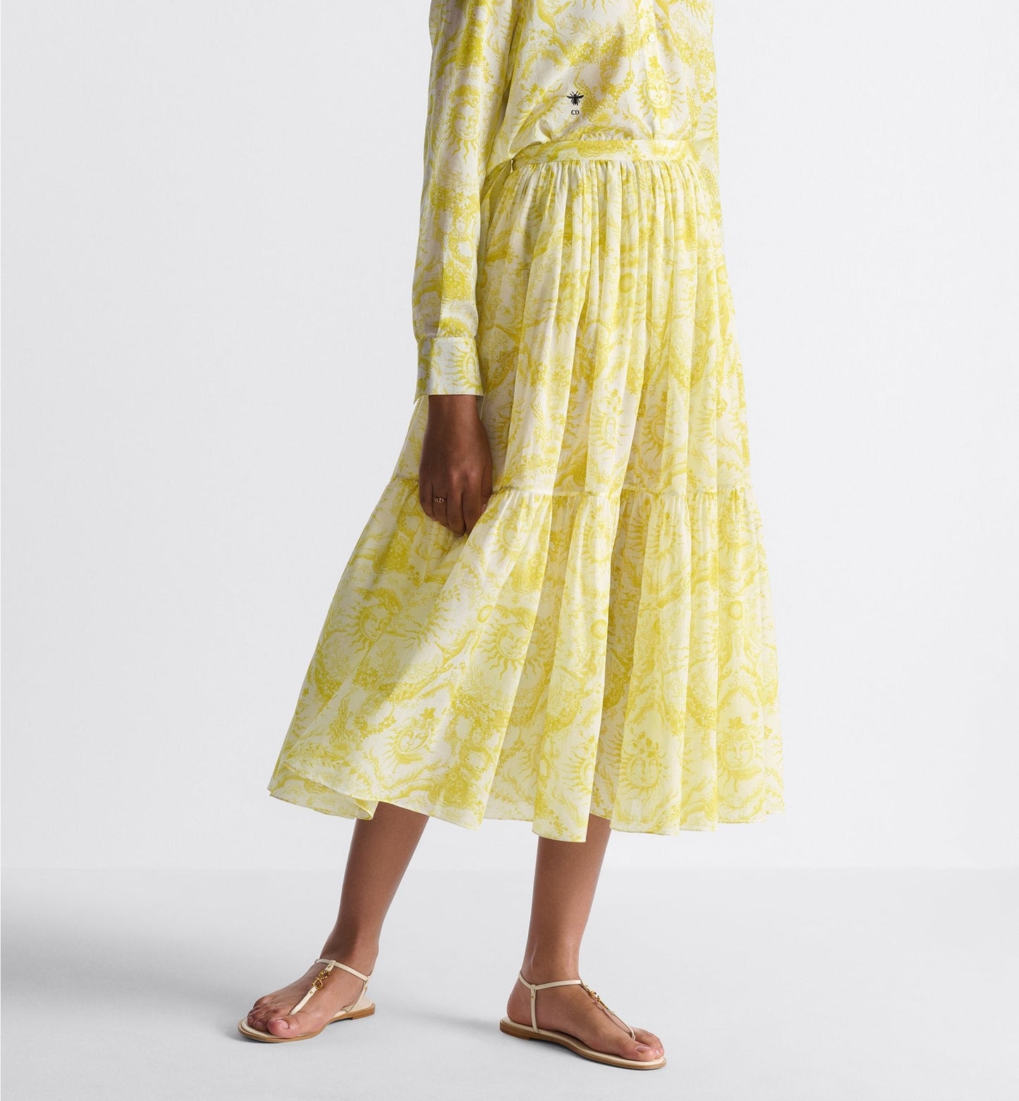 Luxury Dioriviera Mid Length Skirt White And Lemon Yellow Cotton Muslin With Toile De Jouy Soleil Motif