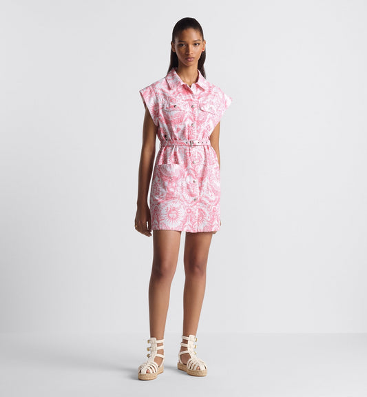 Luxury Dioriviera Short Shirt Dress White And Candy Pink Cotton Denim With Toile De Jouy Soleil Motif
