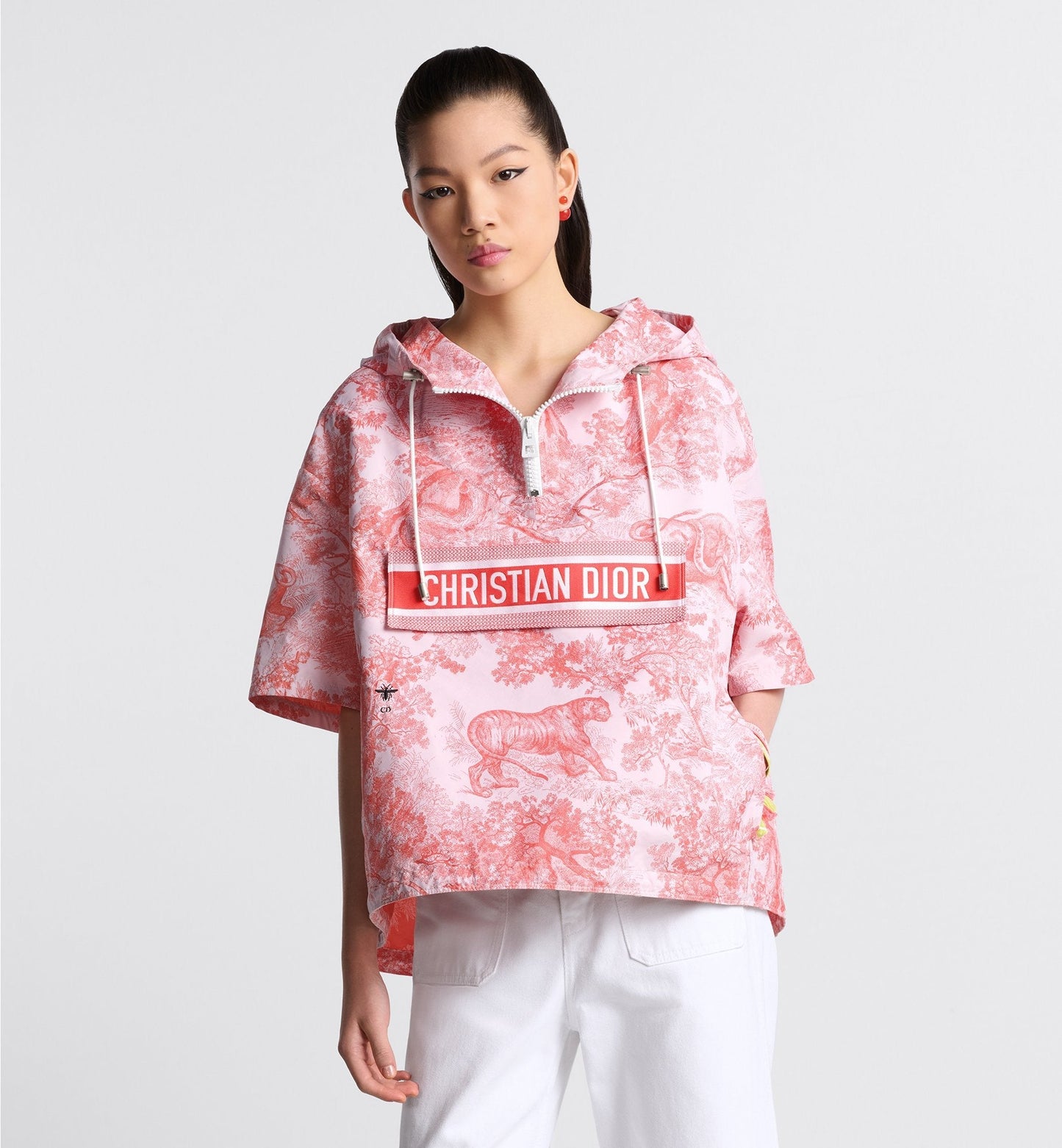 Luxury Dioriviera Short Sleeved Cropped Anorak With Hood White And Coral Technical Taffeta Jacquard With Toile De Jouy Sauvage Motif