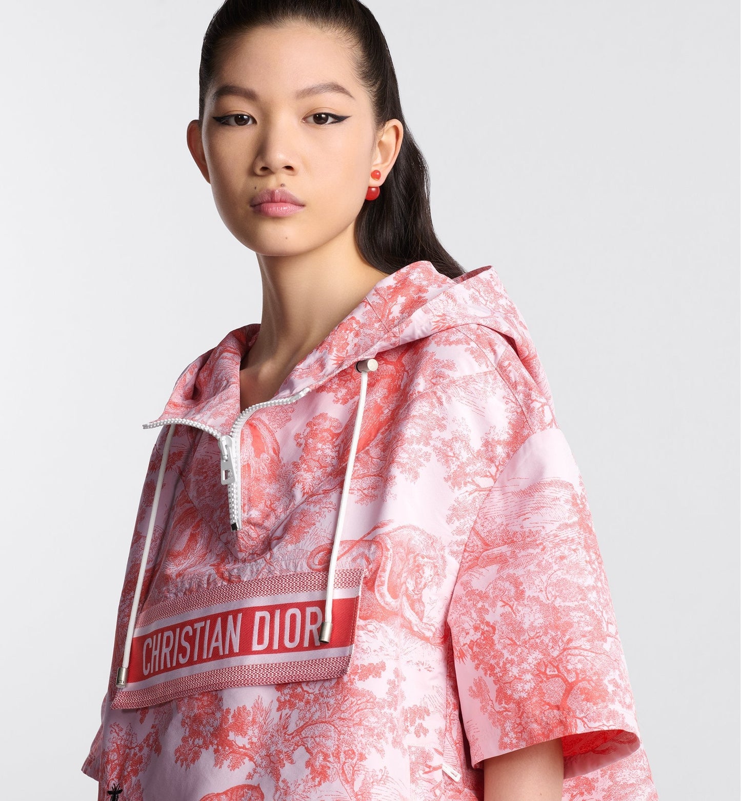 Luxury Dioriviera Short Sleeved Cropped Anorak With Hood White And Coral Technical Taffeta Jacquard With Toile De Jouy Sauvage Motif