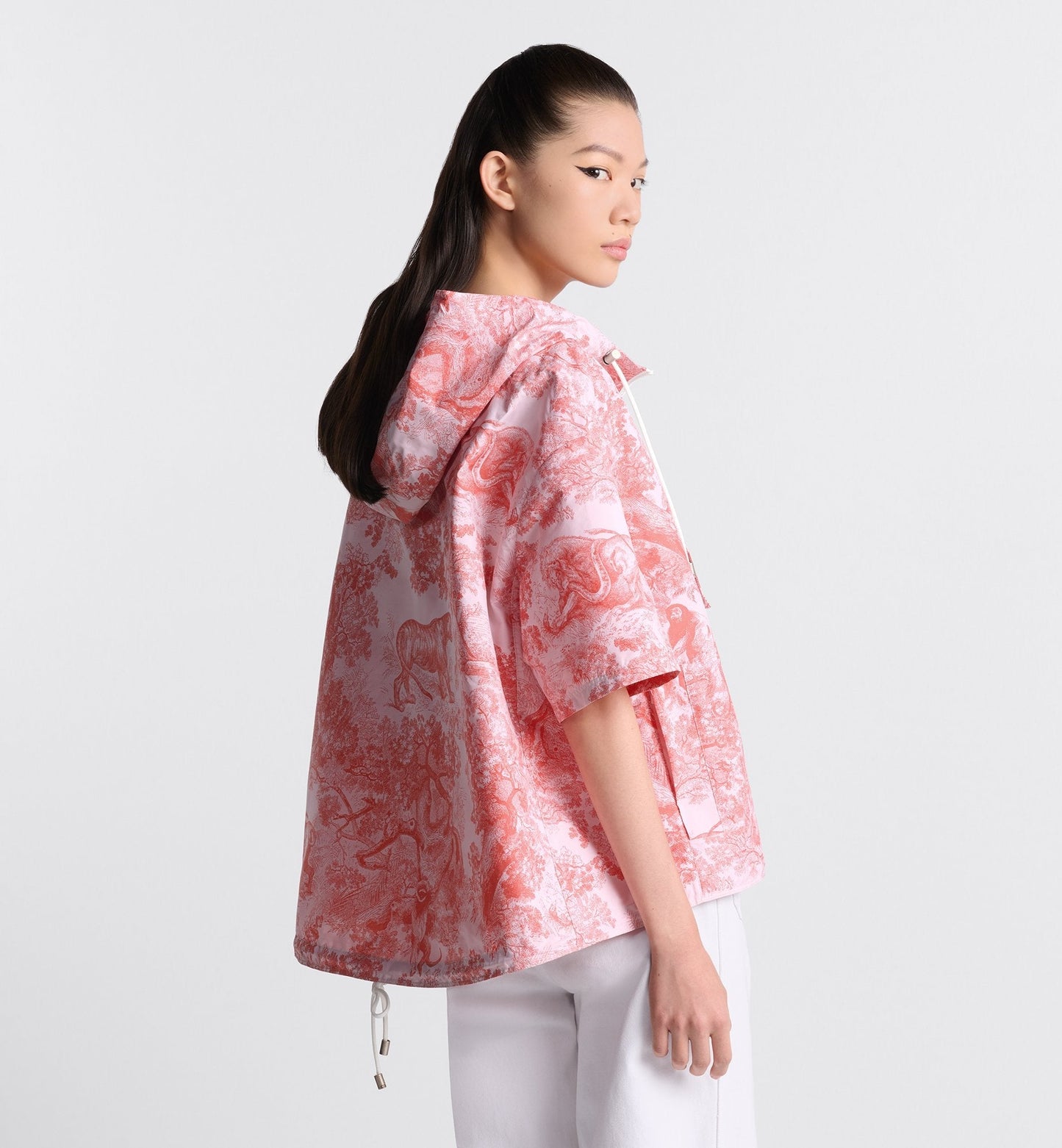 Luxury Dioriviera Short Sleeved Cropped Anorak With Hood White And Coral Technical Taffeta Jacquard With Toile De Jouy Sauvage Motif
