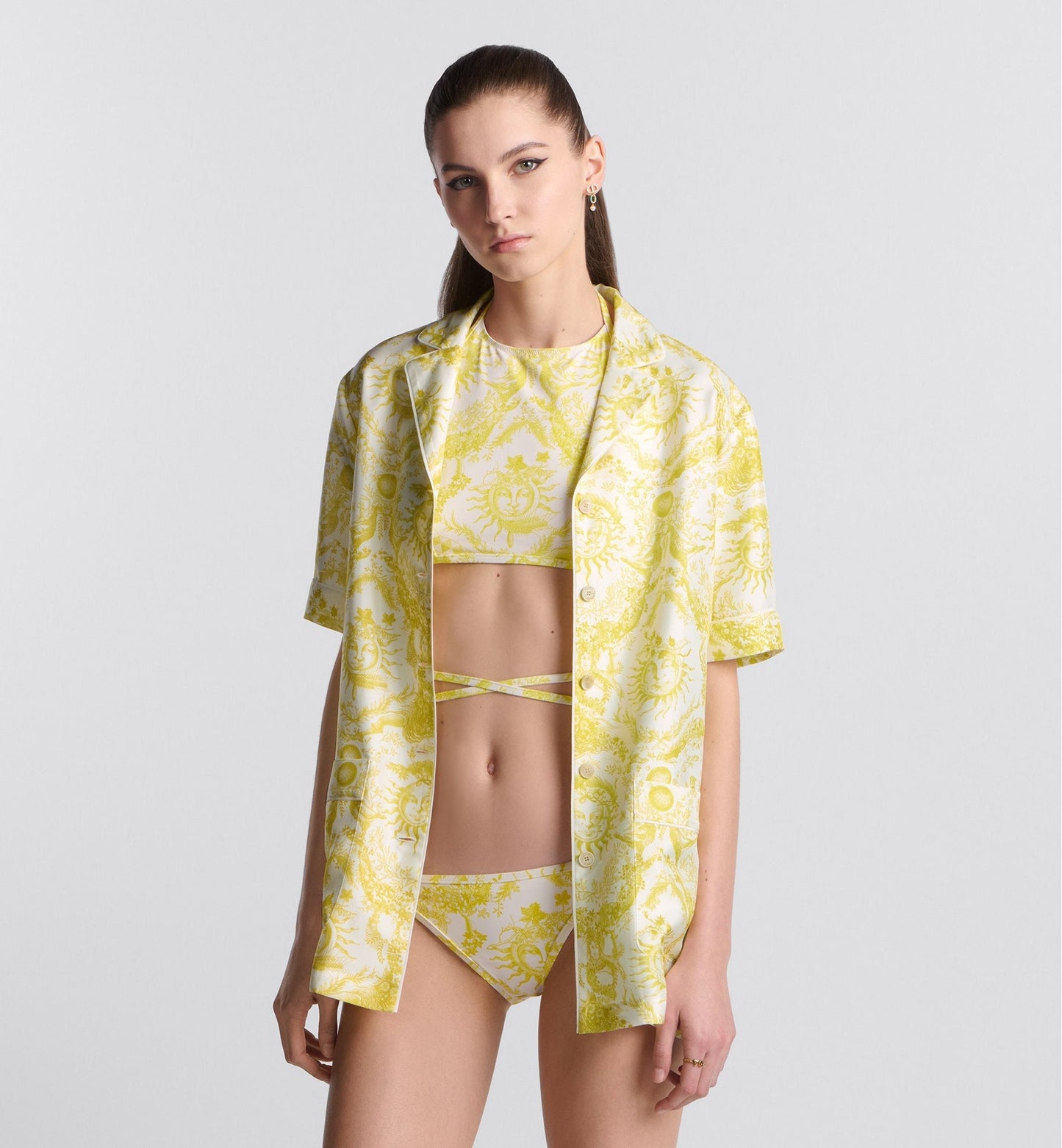 Luxury Dioriviera Bikini Bottom White And Lemon Yellow Technical Fabric With Toile De Jouy Soleil Motif