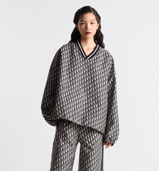 Pullover Anorak Blue And Ecru Technical Taffeta Jacquard With Luxury Dior Oblique Motif