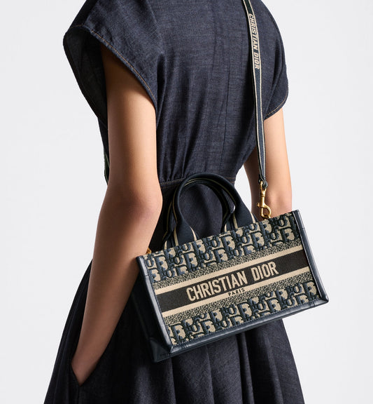East-West Luxury Dior Book Tote with strap Blue Luxury Dior Oblique Embroidery and Calfskin