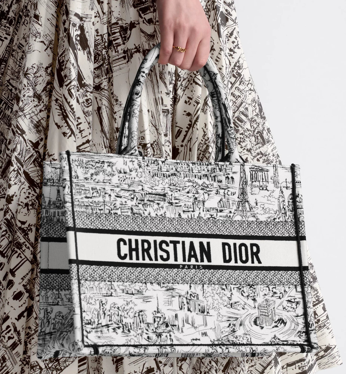 Medium Luxury Dior Book Tote White and Black Paris Allover Embroidery
