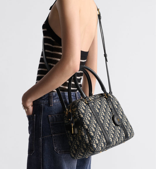 Large D-Vibe Bowling Bag Blue Luxury Dior Oblique Jacquard