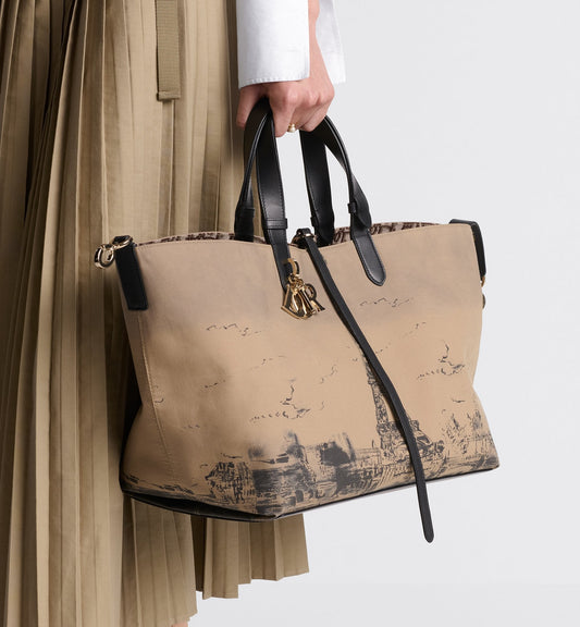 Large Luxury Dior Toujours Bag Beige And Black Water Repellent Fabric With Paris Print