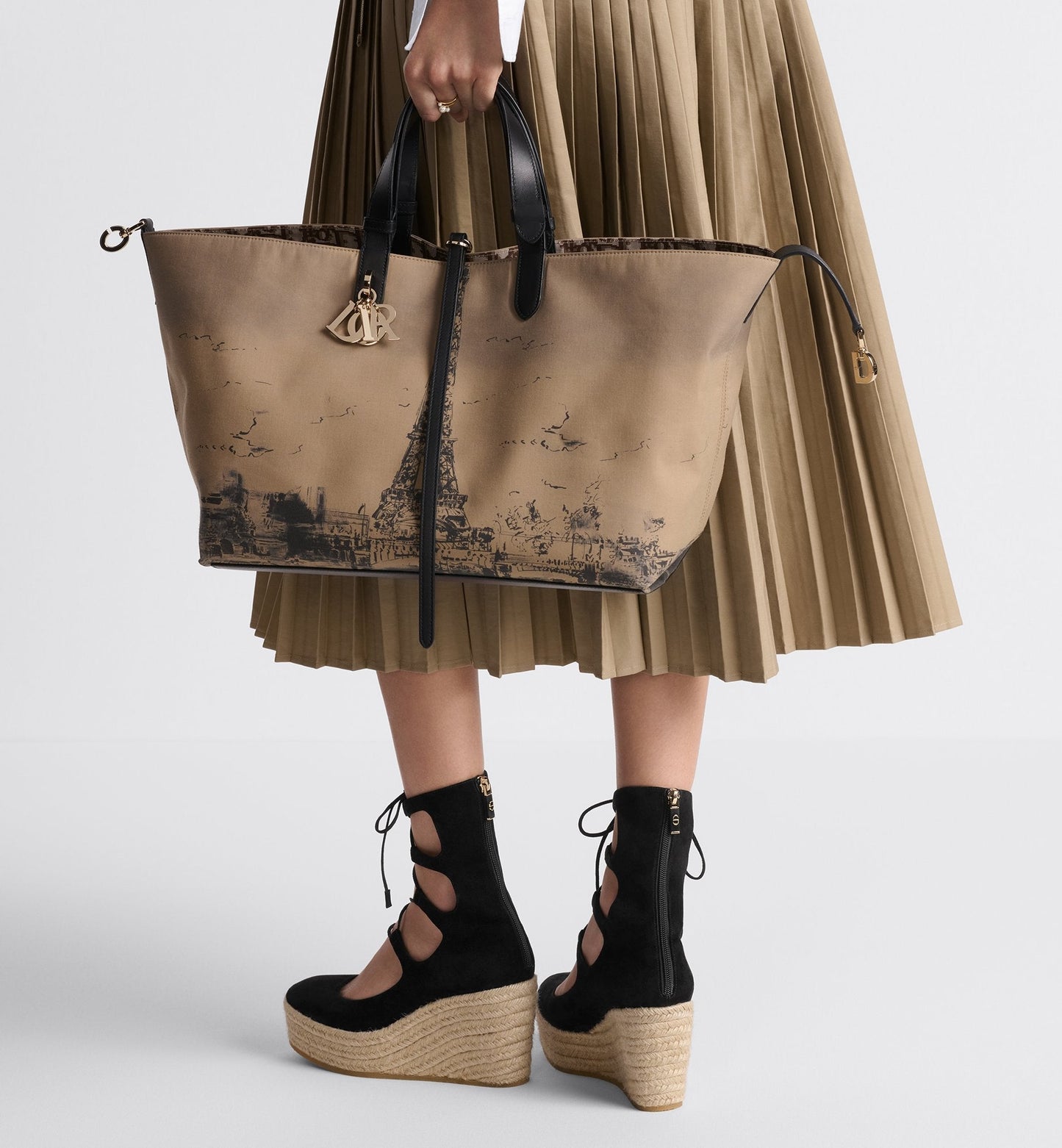 Large Luxury Dior Toujours Bag Beige And Black Water Repellent Fabric With Paris Print
