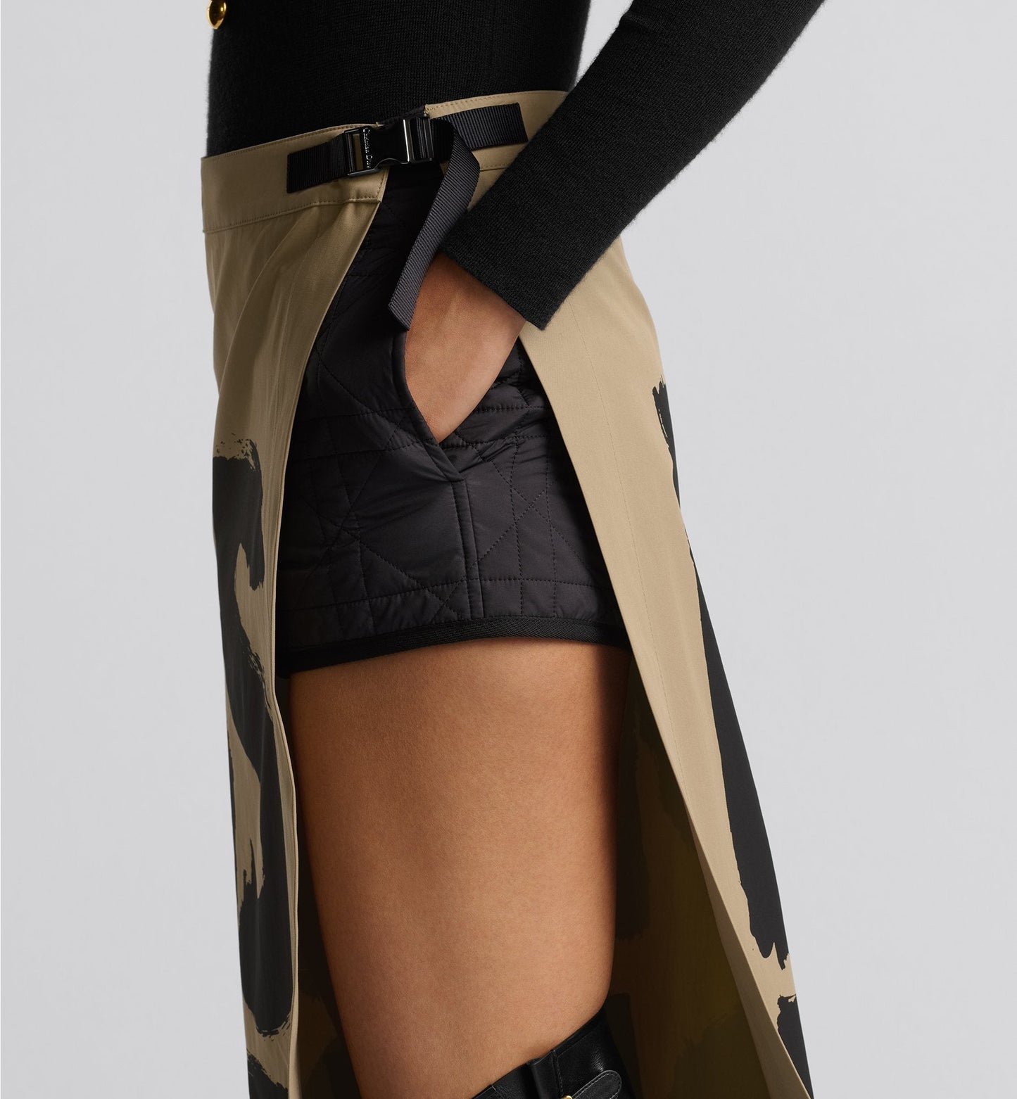 Cannage Mid Length Open Front Skirt With Integrated Shorts Beige Cotton Gabardine With Black Miss Luxury Dior Graffiti Motif