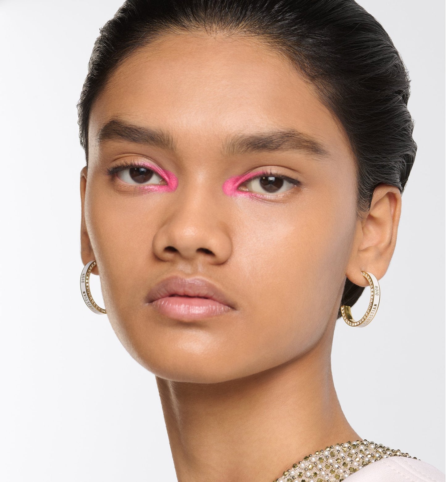Large Luxury Dior Night Code Hoop Earrings Gold Finish Metal, White Crystals And White Lacquer