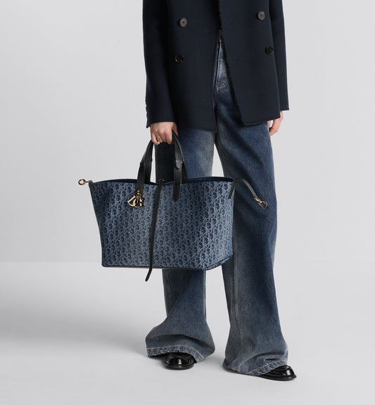 Large Luxury Dior Toujours Bag Blue Denim Luxury Dior Oblique Jacquard