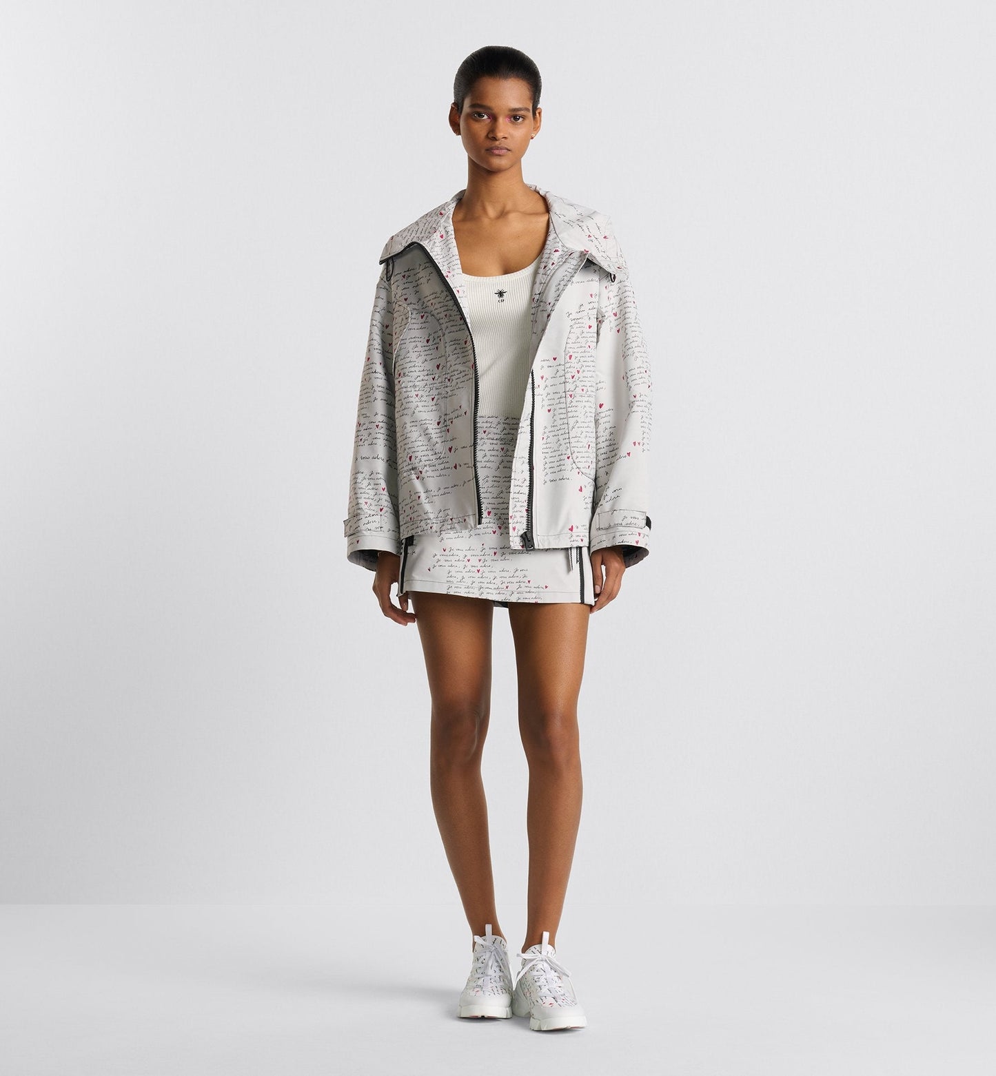 Luxury Dioramour Skort White Technical Taffeta Jacquard With Black And Red Je Vous Adore Motif