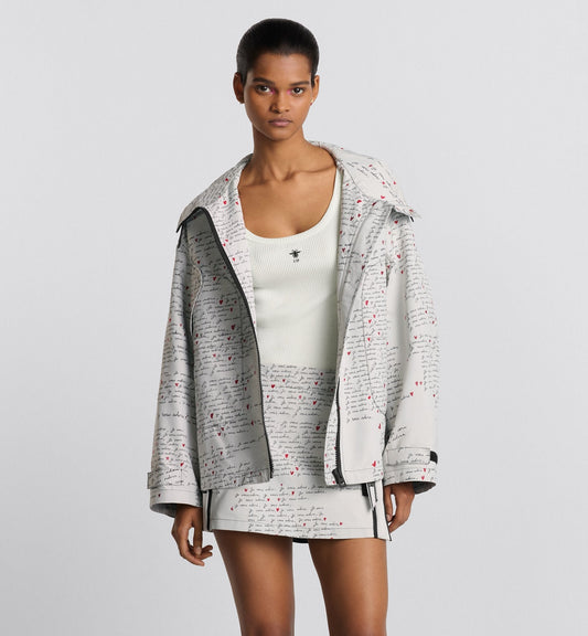 Luxury Dioramour Hooded Anorak White Technical Taffeta Jacquard With Black And Red Je Vous Adore Motif
