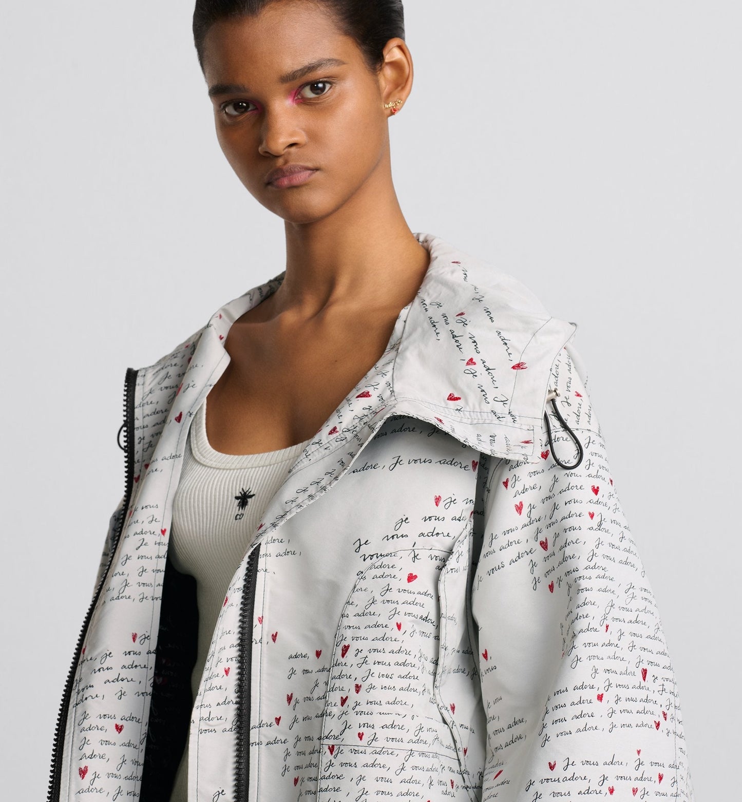 Luxury Dioramour Hooded Anorak White Technical Taffeta Jacquard With Black And Red Je Vous Adore Motif