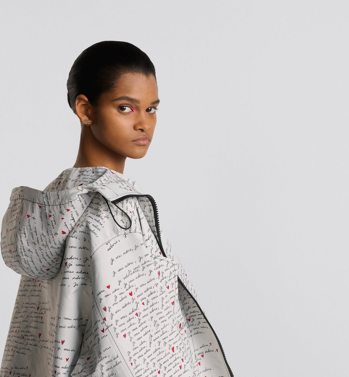 Luxury Dioramour Hooded Anorak White Technical Taffeta Jacquard With Black And Red Je Vous Adore Motif